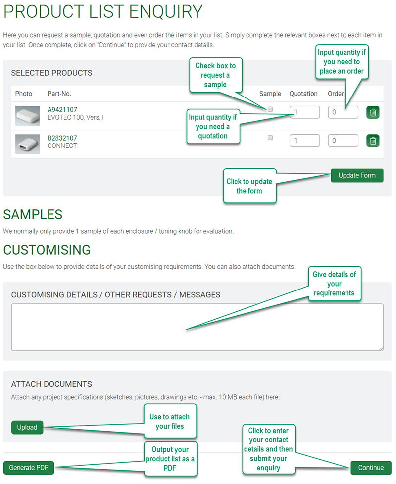 Example product list enquiry form