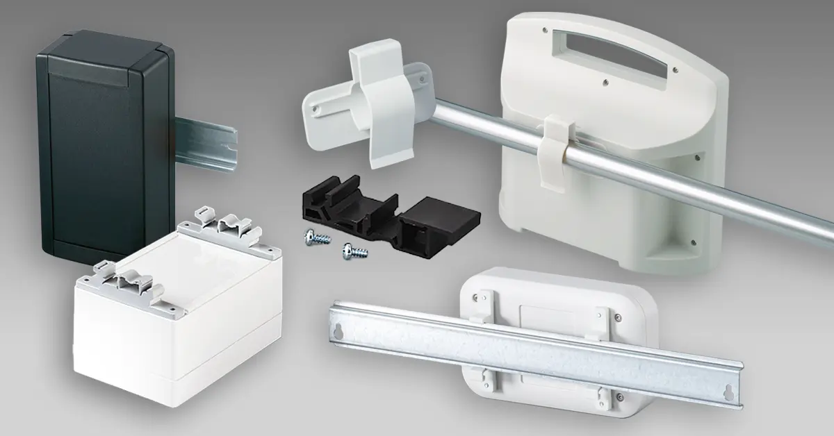 DIN rail holders and rail/tube holders for enclosures